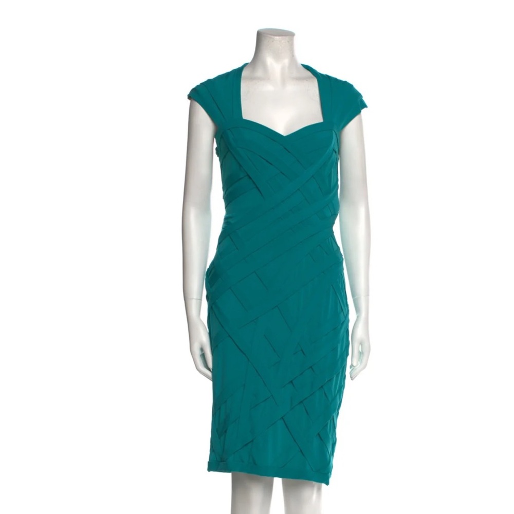 Tadashi Shoji Green Ruched Midi Dress Sweetheart Neckline